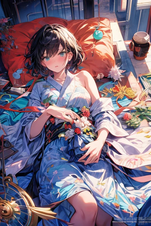 parfect anatomy、one girls、Very delicate and beautiful woman、short-hair、lying in a beautiful flower field、Colorful flowers々、Lying on your back、robe blanche、colorful flower、artistic、top-quality、ultra-detailliert、masuter piece、8k、Captured from above、Professional Photographer、50mmlens