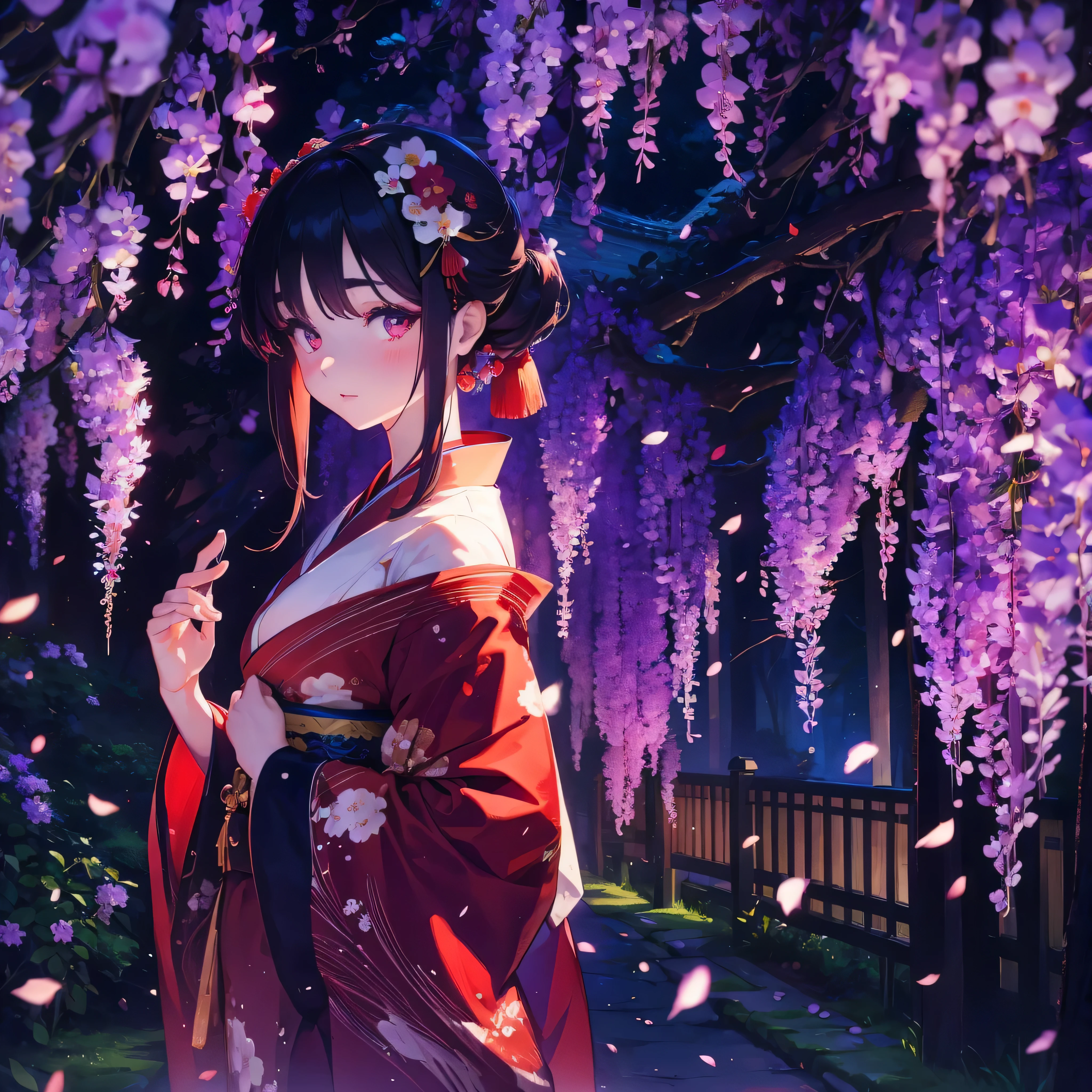 a beautiful geisha in the wisteria forest, dark night, , (Beautifully Aesthetic:1.2),wisteria, peace, tranquility, serenity, petals, red kimono