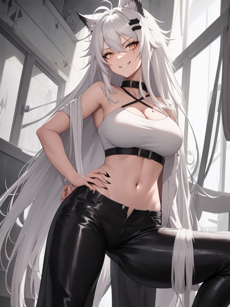 best quality, masterpiece, highres, solo character, solo, animal_ears, wolf_ears, long_hair, scar, bangs, scar_across_eye, hair_ornament, hairclip, scar_on_face, hair_between_eyes, grey_eyes, smile, grey_hair, white_hair, upper_body, Anime art, tall anime woman. muscular body, (((dirty white hair messy hair))), Amber Orange eyes, white loose Tube top, cleavage, exposed belly skin, (((black long skinny pants))), black combat boots, white tail and cat ears, ultra high detail face, ultra high detail eyes, evil grin expression. hands on hips pose, looking at viewer. mechanic workshop background. super high detail eyes, very detailed eyes.