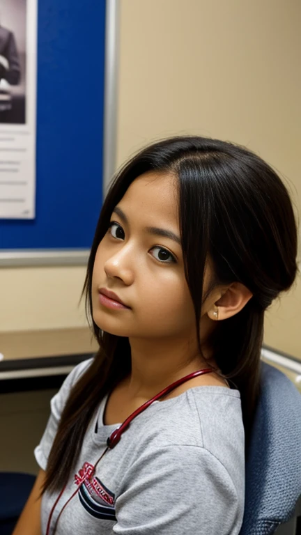 young woman, listening to doctor, modern era, casual clothes, doctor's office, looking worried, medical equipment in the background, medium shot, somber style