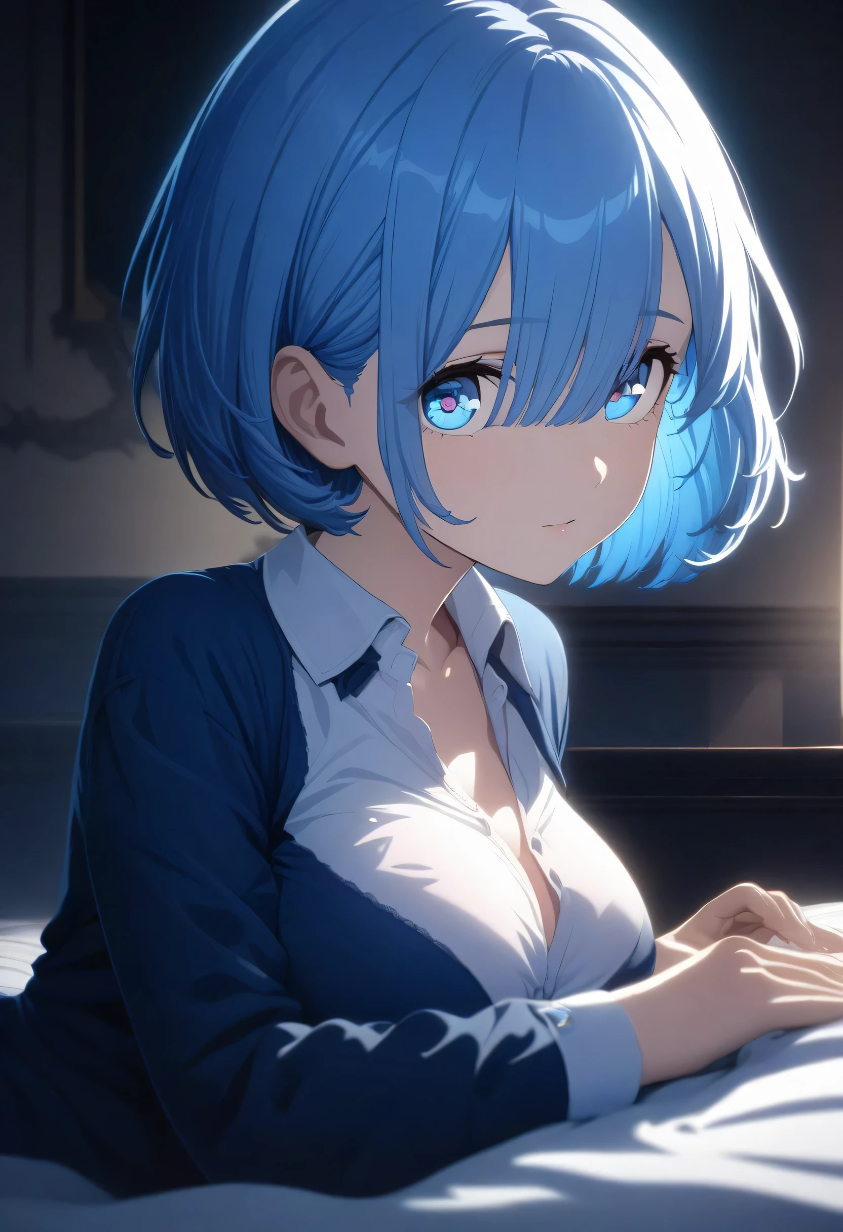 One Girl、masterpiece, Highest quality, Rem, One girl, Collared shirt、short hair、Beautiful blue ocean hair color、Short Hair, (blue eyes:1.5), Blue ribbon, ribbon, Side Lock, (Larger breasts:1.2), break looking at viewer, break indoors, break (masterpiece:1.2), highest qualthaty, High resolution, unthaty 8k wallpaper, (shape:0.8), (Beautiful and beautiful eyes:1.6), Highly detailed face, Perfect lighting, Extremely detailed CG, (Perfect hands, Perfect Anatomy)、Collapse on the bed、that&#39;Fallen、A system that allows you to see the face between your legs、Please open your mouth wide、that&#39;come、Wistful face、Haa、Embarrassing expression(1:2)、Rough breatheing、Sexy Underwear、See-through underwear、(((Legs wide open)))、(((White Background)))、White Background、Red face、blush、Embarrassing、Dynamic pose、whole body、Sweat、breathe、panic、panic