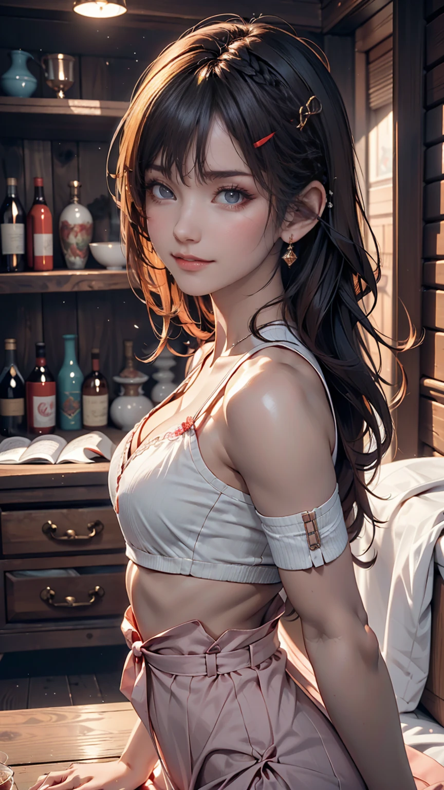 Highest quality,masterpiece, 1 girl, alone, Model shoot, wonderful, Arena, (((Portrait))), View Users, smile, blush, hairpin,(( Braiding)), hair ornaments, ((Hair Clip)), 、Sexy proportions、Narrow waist、Sexy