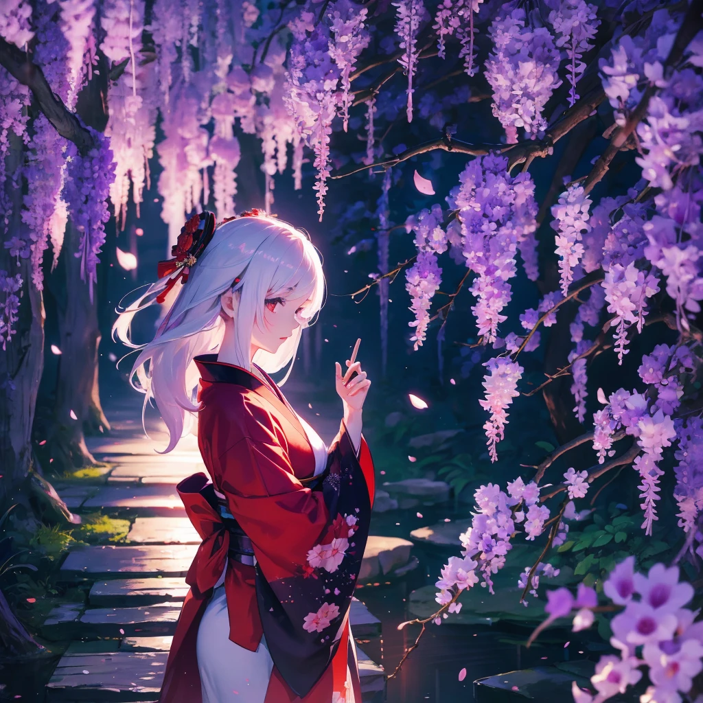 a beautiful geisha in the wisteria forest,  dark night, , (Beautifully Aesthetic:1.2),wisteria, peace, tranquility, serenity, petals, red kimono, white hair