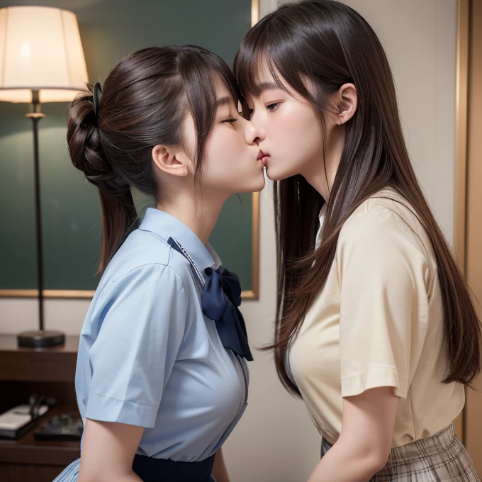 (Highest quality, 4K, 8k, High resolution, masterpiece:1.2), Very detailed, (Realistic, photoRealistic, photo-Realistic:1.37)、Two Girls、Japanese、Private room、(High School Uniform)、(Hair Color：Random)、(Hairstyle：Random)、((Kissing))、Big Breasts、Photographed from the waist up