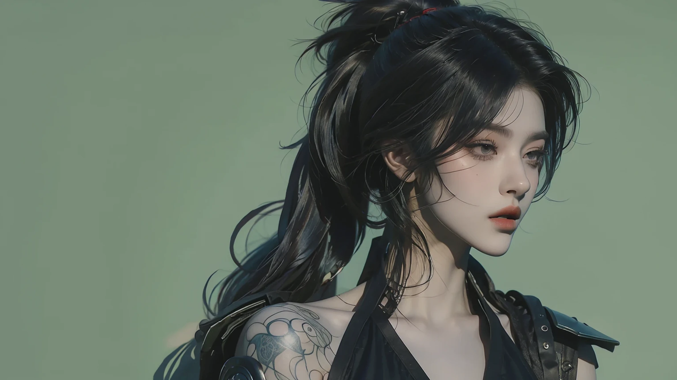 A girl,lifelike, high resolution,League of Legends,Akali,High Ponytail,high resolution,raw picture,Shoulder tattoo,Rich background,game design,filter,dark void,Hollow,Light and Shadow Art,texture,wallpaper,Character details HD,Model Effect。Background forest,War wind。