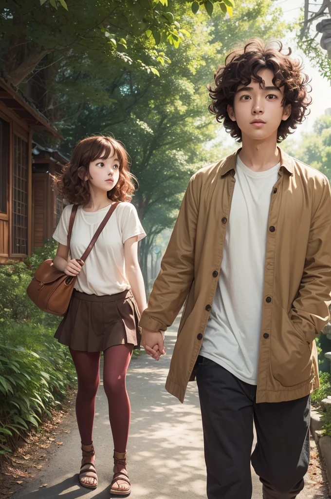 Make a book cover with references to Studio Ghibli. Create a cover that features a couple in love who are heading towards an adventure in a magical world. The girl must have curly hair with red tones and the boy must have short, light brown hair
