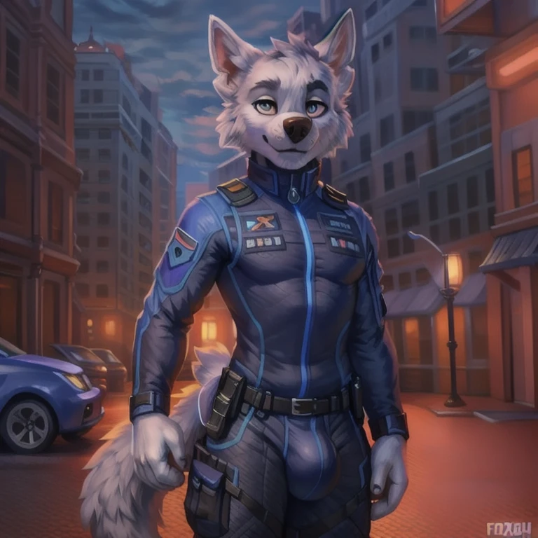 detailed fluffy fur texture, impasto impressionism, (by foxovh, ross tran, michael garmash, pino daeni, iskra), detailed eyes, highly detailed pupils, solo, furry, anthro, rocky-pp, domestic dog, male, blue eyes, white fur, white body, fur body, fully clothed, detailed fluffy fur texture, curvy, wide hips, inner fluff ears, from front, standing, blue short latexsuit, Outside background, night, 1boy, smile, Huge bulge, His 50ft tall, His Gigantic size, Big wearing Black Military Boots