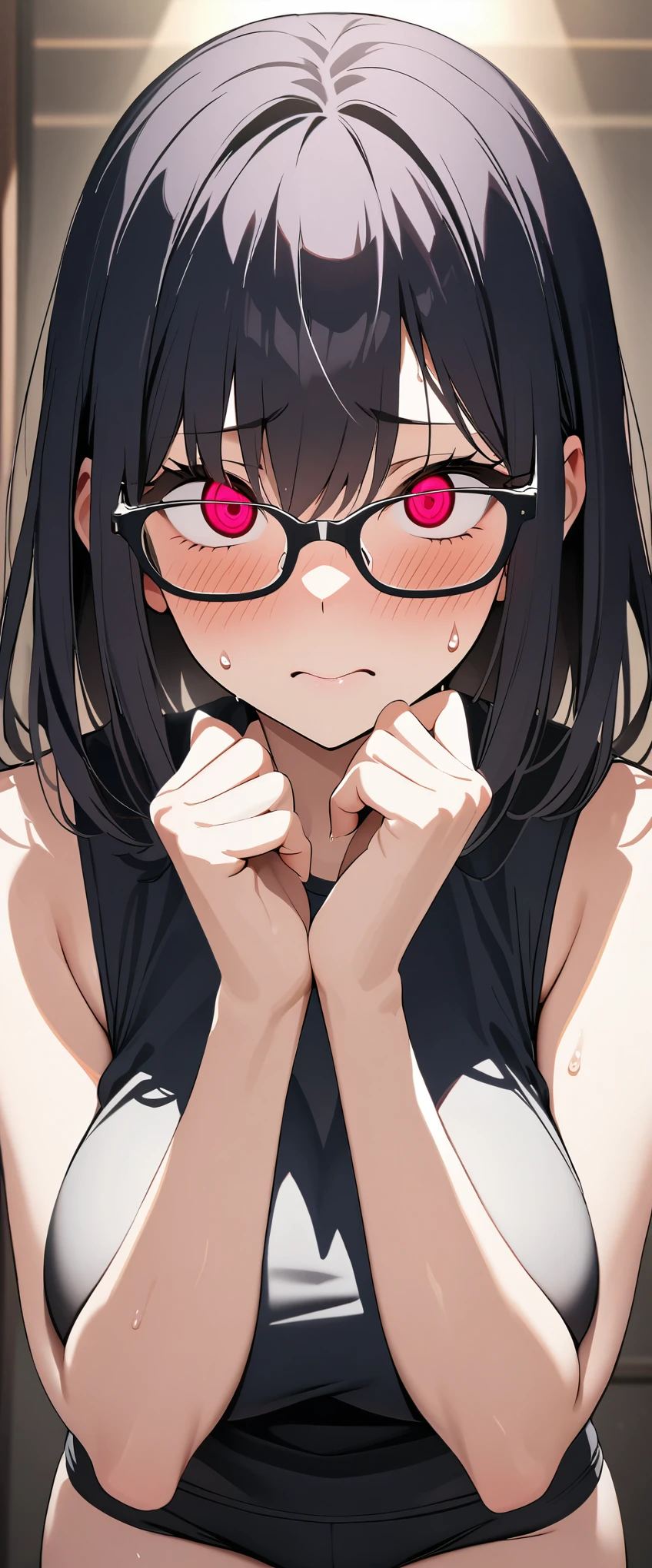 (Highest quality),(masterpiece), 8k,Very detailed, Detailed light, Best Shadow,Detailed reflective eyes, Very detailedな顔,Shiny Hair,Big Breasts,(1 girl:1.2),woman,Gloss,Black Hair,Embarrassed,blush,(Hollow Eyes:1.2),(Condescending:1.2),Crazy Eyes,4fingers and 1thumbs,Beautiful fingers,Beautiful Hands,whole body,Black-rimmed glasses,Purple eyes,Cool,Glossの無い目,(Eye power:1.2),(脇Sweat:1.2),(Sweat:1.4),(black training wear:1.2),(medium length hair:1.2),(gym:1.2),(black sports bra:1.2),(black shorts pants:1.2),Slender,oily skin,mole under eye,tan