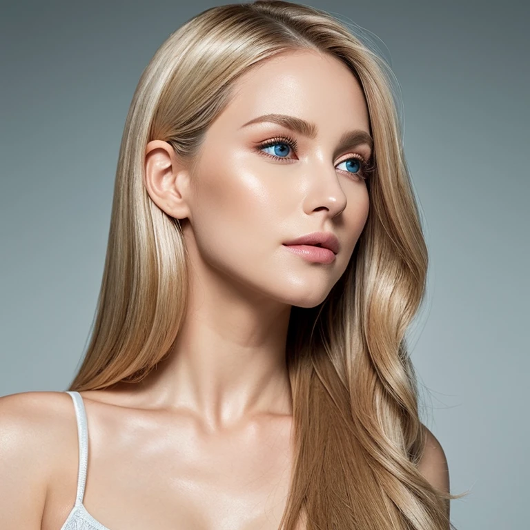 One Super realistic Blond Ester Expósito has an oval face shape, what is considered ideal in terms of facial proportions. His features are harmonious and balanced, with the following details:
- **Forehead**: medium size, slightly wide, with a well-defined hairline.
- **eyebrows**: Arched and well defined, of a similar color to her dark blonde hair.
- **eyes**: large and expressive, light blue or green. Her eyelashes are long and thick, which gives you an intense look.
- **nose**: Straight and fine, proportional to its other factions.
- **cheekbones**: Tall and prominent, which gives your face a marked and elegant contour.
- **Lips**: Full and well defined, usually highlighted with makeup that accentuates their natural shape.
- **jaw**: Delicate and well sculpted, tapers gently towards a slightly pointed chin.
Her skin is clear and smooth, She often sports makeup that highlights her natural features and gives her a fresh, radiant look.. Ester has a youthful and elegant appearance, which has made her a beauty icon in the entertainment industry.