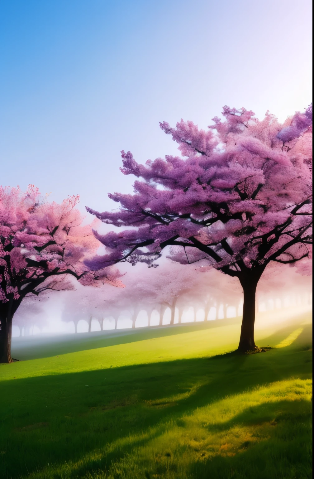 there is a tree with pink flowers in the foggy area, extremely beautiful and ethereal, spring early morning, misty garden, incredibly ethereal, cherry blossom forest, cherry blossom, cherry blossoms, flowers and trees, detailed trees in bloom, cherry blossom tree, cherry tree in the background, by Xie Shichen, by Cheng Jiasui, very ethereal, beautiful!!!!!!!!!