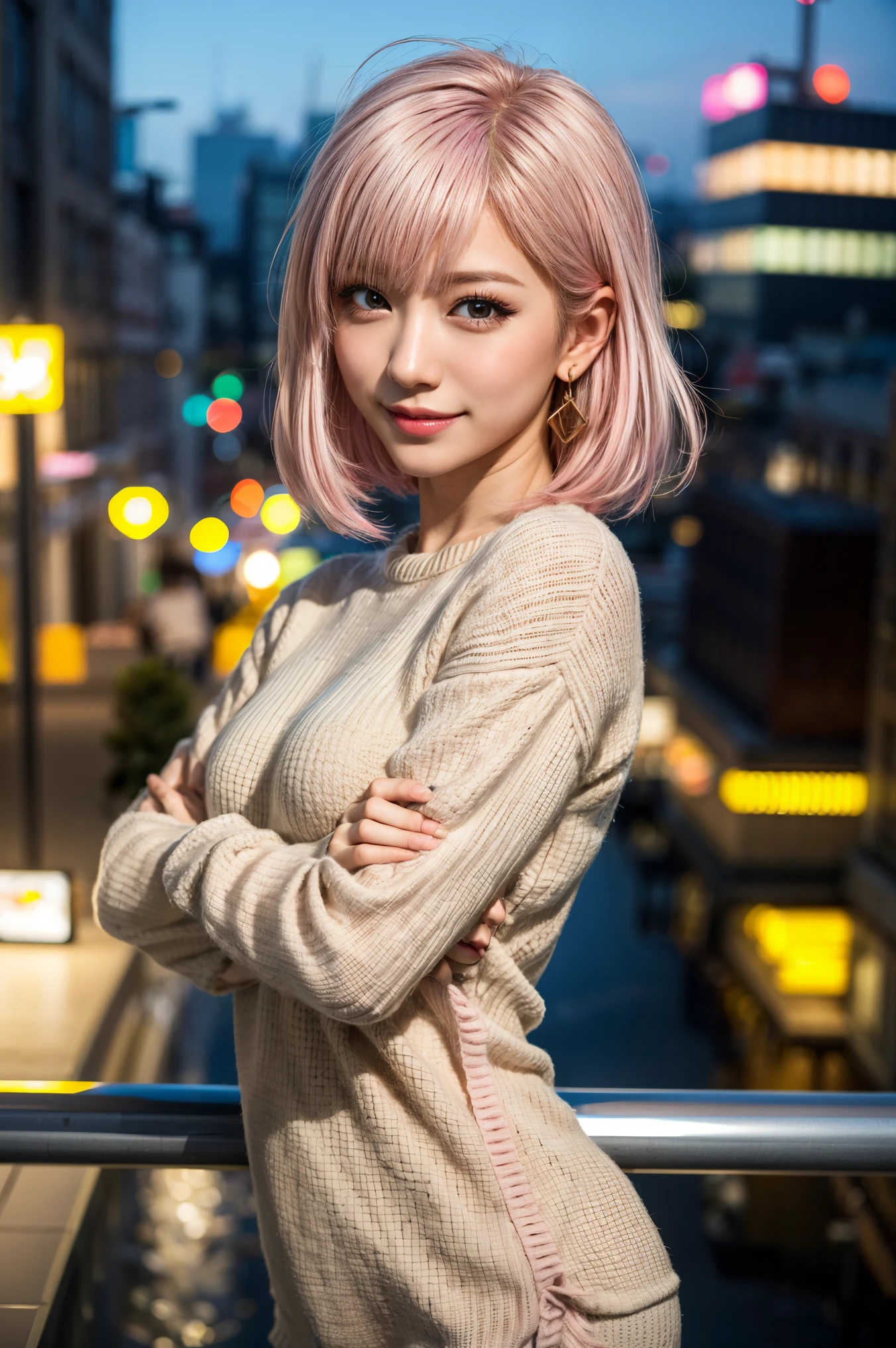 Highest quality, Tabletop, Ultra-high resolution, (Realistic:1.4), (Japanese Idols),RAW Photos, One Girl, night,Detailed skin,Blurred cityscape of South Korea,,Blonde, (Pink inner hair:1.3),Glossy Lips,smile,(Model pose:1.2),21 years old,Beautiful and beautiful eyes,Diamond jewellery,Earrings,Gold Jewelry,Cold Light,Tight black knitwear,,(Strengthened upper arms:1.2),A well-trained body,Pixie Hair