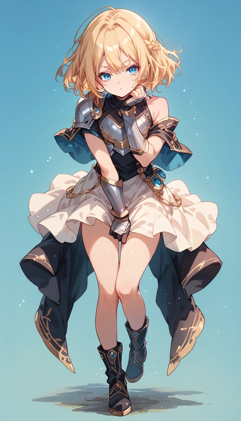 open stance, Black full-body armor, Shoulder rest, boots, gauntlet,, full body, 独奏, standing, femboy, young, medium Blonde straight hair, Blue eyes, (simple background:1.3)