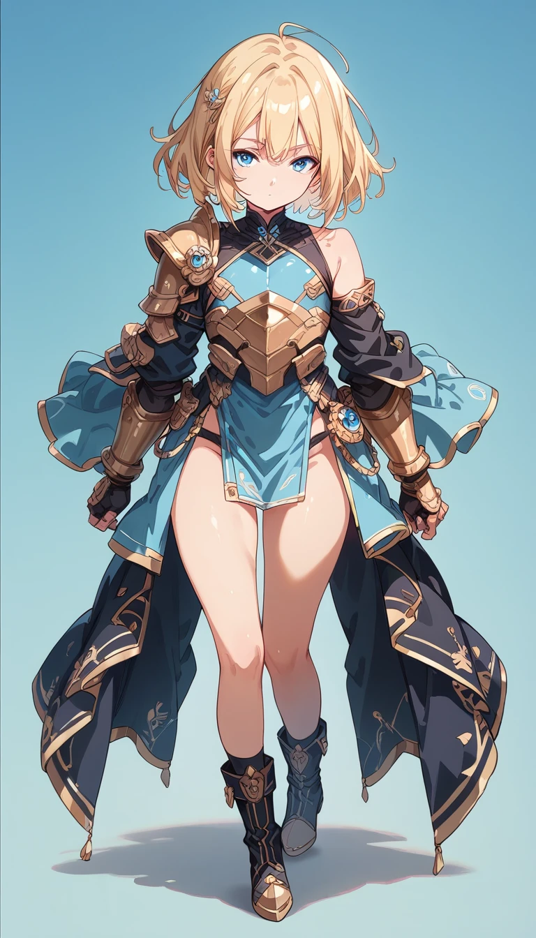 open stance, Black full-body armor, Shoulder rest, boots, gauntlet,, full body, 独奏, standing, femboy, young, medium Blonde straight hair, Blue eyes, (simple background:1.3)