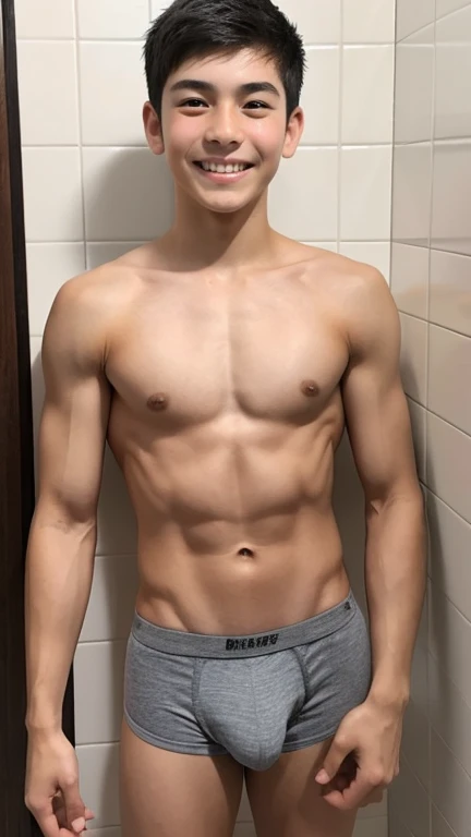 Japanese men、、Muscles and smooth skin、Very short black hair、A relaxed and friendly smile、Grey thin boxer briefs、The whole body is well visible、Posing in the bathroom、