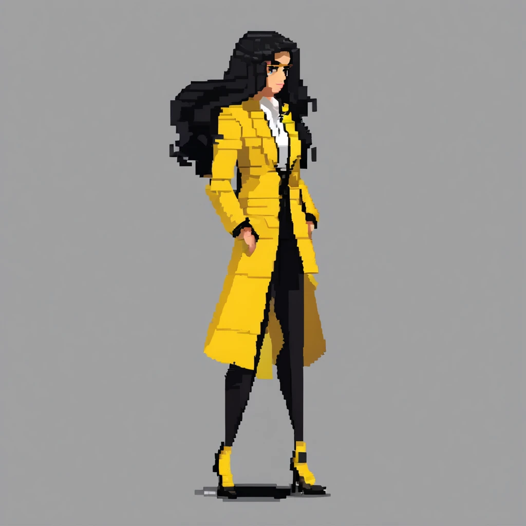 Woman in a long yellow suit with black details, black heels, black hair, white skin. 2D character. Standing.