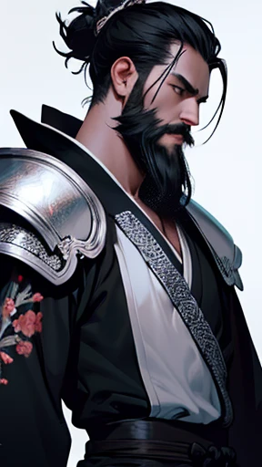 (((集中線のMonochromeイラスト)))、(((Monochrome)))、,Oriental、Men in ancient Chinese costumes、(ancient chinese hairstyle male)、As seen in the Romance of the Three Kingdoms々military commander、(Highest quality、masterpiece、Ultra-high resolution)、(Long beard)、(Embroidered cloth wrapped around a topknot) ,(White Armor, metal dragon head on the shoulder, Holding a sword,(long heavy black beard):1.2), (White Armor with intricate pattern:1.2), gloves, Long trousers, (Very detailed, bloom:1.5), (Highest quality, Concept Art, 4K), (analog:1.2), (high sharpness), (Detailed pupil:1.1), (Painting:1.1), (digital Painting:1.1), Detailed face and eyes, masterpiece, Highest quality, (Very detailed写真:1.1), 8k, , (Dark Hair, Dynamic Short Hair), (Pyros Face_v1:0.2), [:(Detailed face:1.2):0.2], sharp, 