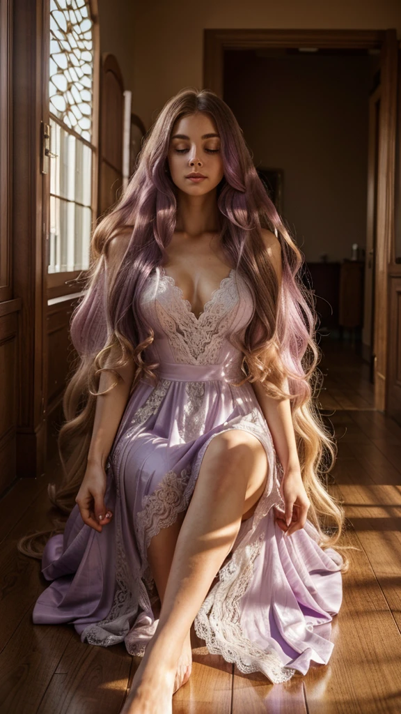 A woman with long, elongated golden hair that falls in curls to the floor, She is wearing a long, elegant lilac-colored dress with lace details. The soft sunlight illuminates her hair, creating an almost magical effect.