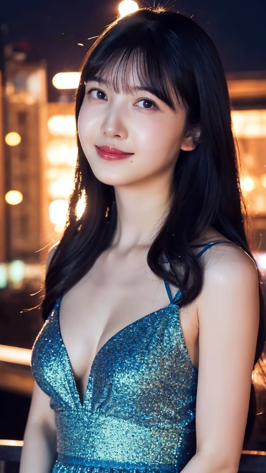 1girl,(wearing a blue glittery evening dress:1.2),(RAW photo, best quality), (realistic, photo-realistic:1.4), masterpiece, an extremely delicate and beautiful, extremely detailed, 2k wallpaper, Amazing, finely detail, extremely detailed CG unity 8k wallpaper, ultra-detailed, highres, soft light, beautiful detailed girl, extremely detailed eyes and face, beautiful detailed nose, beautiful detailed eyes,cinematic lighting,city lights at night,perfect anatomy,slender body,light smile,close up,(long hair with bangs), big breast