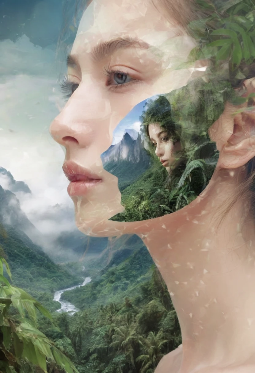 Dubrec style，Girl transparent face side view close-up, Beautiful close-up of face，Dense Jungle Mountains with waterfall image foreground (multiple exposure：1.8），Complex illustrations in surrealist art style,Surreal dreams. woman with beautiful eyes, should be side view, detailed lips, and long eyelashes, surrounded by lush jungle mountains in the foreground, multiple exposure effect, complex surrealist style illustration, surreal dreamlike atmosphere, cinematic lighting, highly detailed, hyper realistic, 8k, masterpiece, Dubrec style，Girl transparent face close-up，Beautiful close-up of face，Jungle Mountains image foreground (multiple exposure：1.8），Complex illustrations in surrealist art style，Surreal dreams