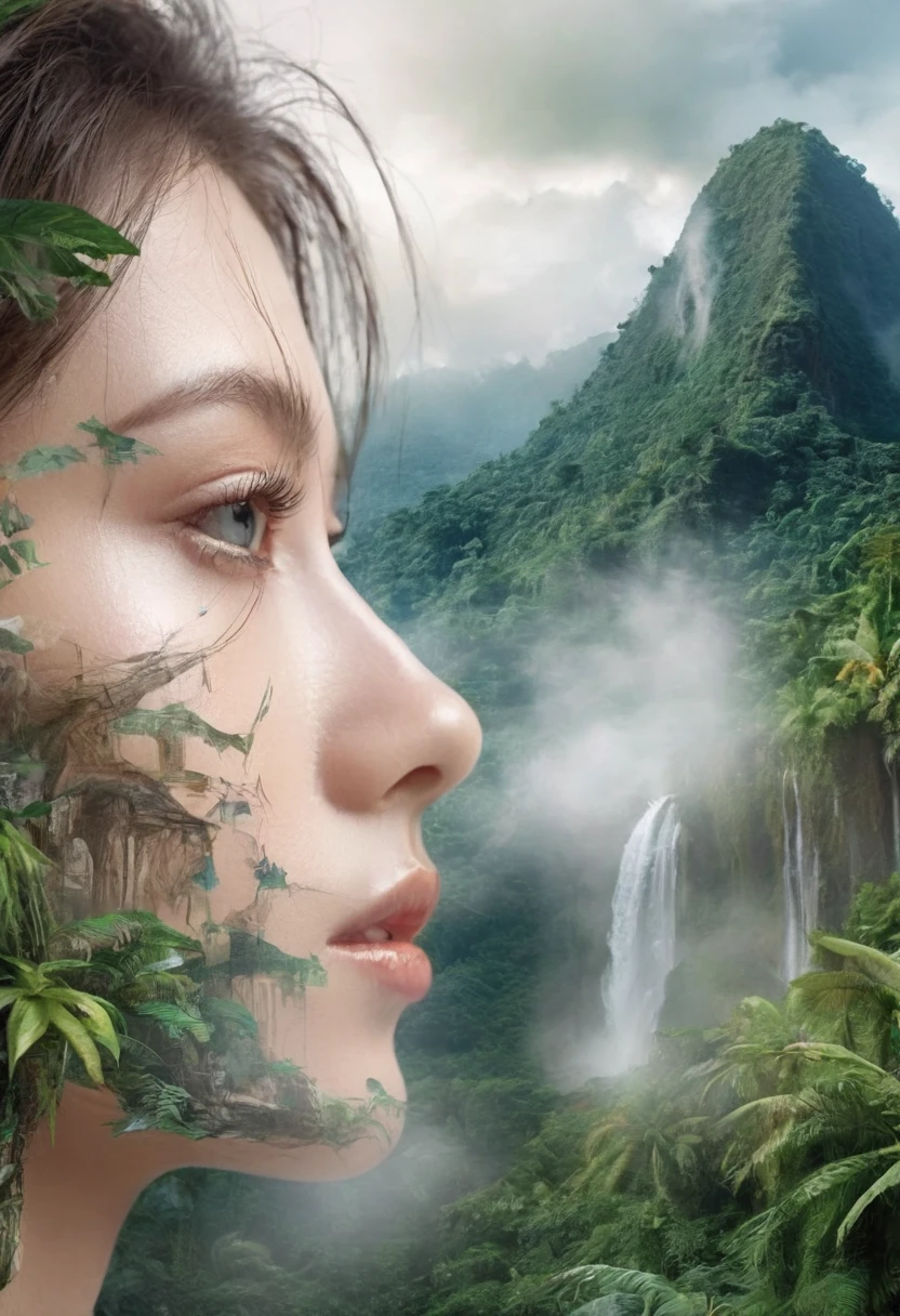 Dubrec style,Girl transparent face side view close-up, Beautiful close-up of face,Dense Jungle Mountains with waterfall image foreground (multiple exposure:1.8),Complex illustrations in surrealist art style,Surreal dreams. woman with beautiful eyes, should be side view, detailed lips, and long eyelashes, surrounded by lush jungle mountains in the foreground, multiple exposure effect, complex surrealist style illustration, surreal dreamlike atmosphere, cinematic lighting, highly detailed, hyper realistic, 8k, masterpiece, Dubrec style,Girl transparent face close-up,Beautiful close-up of face,Jungle Mountains image foreground (multiple exposure:1.8),Complex illustrations in surrealist art style,Surreal dreams