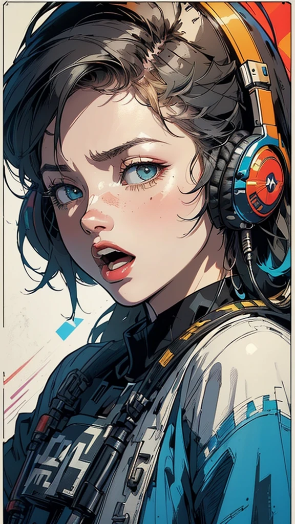 (((masterpiece, highest quality))),(((solo:1.2))),(((1girl:1.2))),32k wallpaper, very detailed, poster, vintage science fiction,(((((geometric cinematic movie poster))))), ((bauhaus)),(shape),(((abstract))),(mid century modern),(((((portfolio))))),(((((Close-up))))),(((((bust up))))),((((more various angle)))),((((highlight)))),((((heterochromia)))),(((complete. detailed face))),((((Extremely talented)))),(((((most complecated futristic machine))))),(Colorful color scheme),(((detailed unlimited complete equipment : headphone like a rail gun))),(((((Absolutely simple background))))),(((Texture for people : grunge))),(((Cheek resting on hand))),((Rest on your chin))),(((((open mouth amazing wide))))),(((((SCREAM)))))