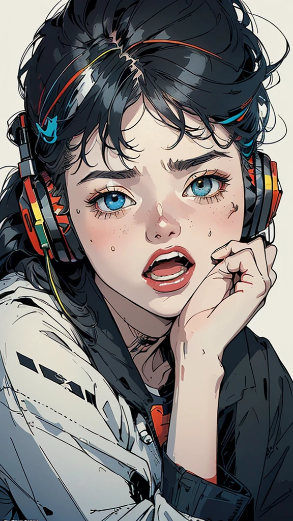 (((masterpiece, highest quality))),(((solo:1.2))),(((1girl:1.2))),32k wallpaper, very detailed, poster, vintage science fiction,(((((geometric cinematic movie poster))))), ((bauhaus)),(shape),(((abstract))),(mid century modern),(((((portfolio))))),(((((Close-up))))),(((((bust up))))),((((more various angle)))),((((highlight)))),((((heterochromia)))),(((complete. detailed face))),((((Extremely talented)))),(((((most complecated futristic machine))))),(Colorful color scheme),(((detailed unlimited complete equipment : headphone like a rail gun))),(((((Absolutely simple background))))),(((Texture for people : grunge))),(((Cheek resting on hand))),((Rest on your chin))),(((((open mouth amazing wide))))),(((((SCREAM)))))