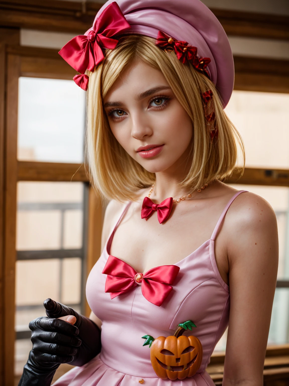 (1 lady), The beautiful, (Best quality at best:1.4), (ultra - detailed), (extremely detailed CG unified 16k), gold blonde hair, very detailed, High-definition RAW color photo, professional photoshooting, amazing face and eyes, cosmetics, (amazingly beautiful girl), ((lambdadelta, tall woman, taller)), ((dress, red bow, pink hat, necklace, gloves, pearl, pink dress, pumpkin brooch)), standing, realistic cinematic face, photo portrait, upper body (shoulders to head), photorealistic, ((realistic natural blonde hair style, red eyes)), gorgeous, extremely beautiful face, perfect model beauty, pout mouth, flirting smile, cleavages, city girl, western, (masterpiece), best quality, high resolution, extremely detailed, blurred background, depth of field, cinematic lighting, clear and well-cared skin