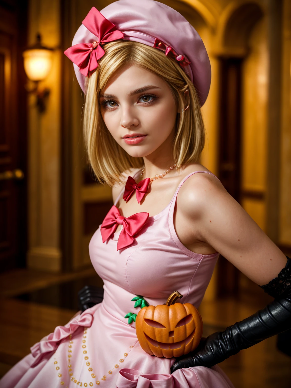(1 lady), The beautiful, (Best quality at best:1.4), (ultra - detailed), (extremely detailed CG unified 16k), gold blonde hair, very detailed, High-definition RAW color photo, professional photoshooting, amazing face and eyes, cosmetics, (amazingly beautiful girl), ((lambdadelta, tall woman, taller)), ((dress, red bow, pink hat, necklace, gloves, pearl, pink dress, pumpkin brooch)), standing, realistic cinematic face, photo portrait, upper body (shoulders to head), photorealistic, ((realistic natural blonde hair style, red eyes)), gorgeous, extremely beautiful face, perfect model beauty, pout mouth, flirting smile, cleavages, city girl, western, (masterpiece), best quality, high resolution, extremely detailed, blurred background, depth of field, cinematic lighting, clear and well-cared skin