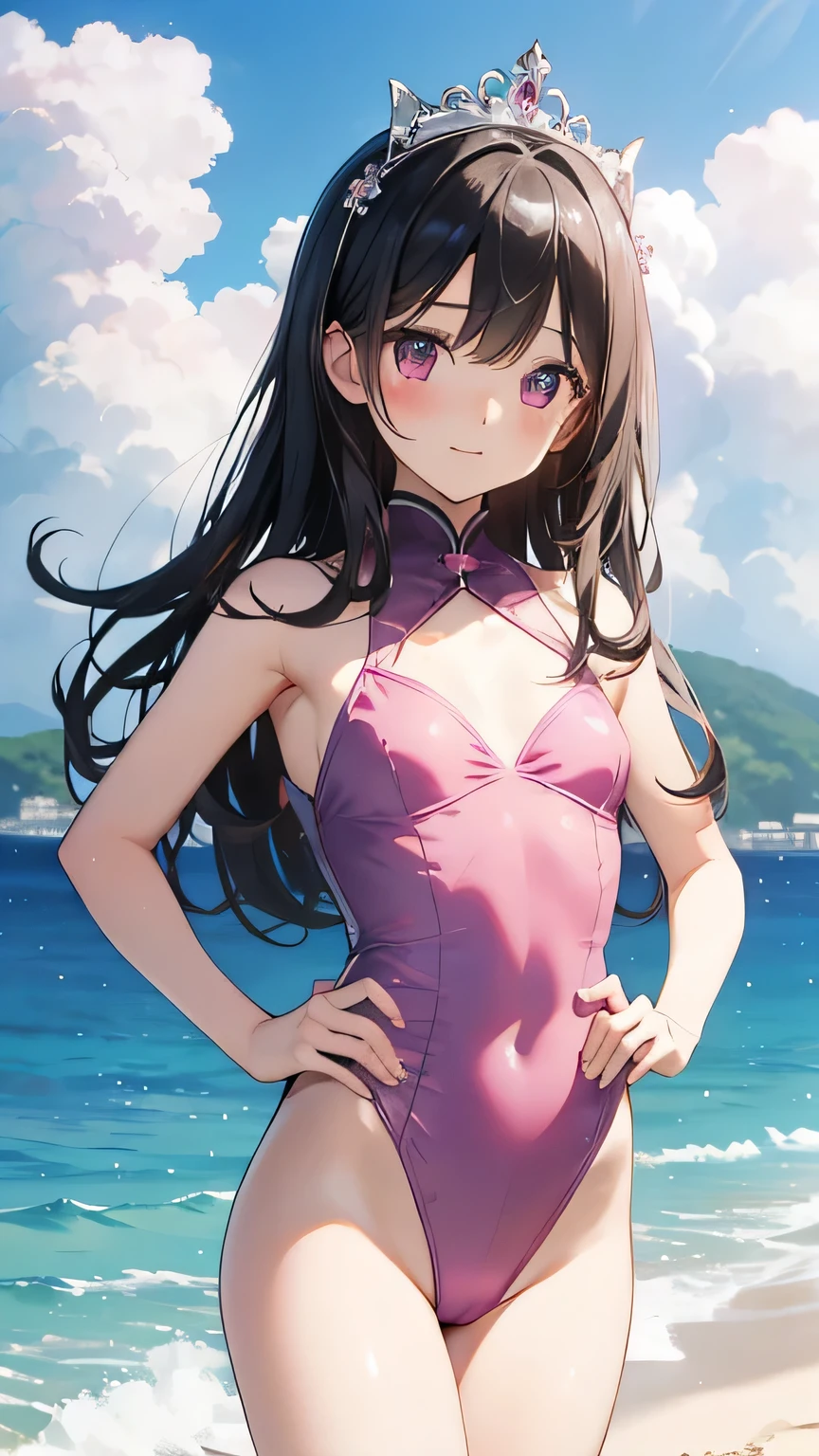 Highest quality、Very delicate and beautiful、Very delicate and beautiful、(Beautiful eyes)、Pink Eyes、I、I、、 、Japanese、Hands on hips、Chiquita、(Black Hair)、((Pink leotard))、Tiara on head、Laughter、standing、Look forward、((Sandy beach in the background))