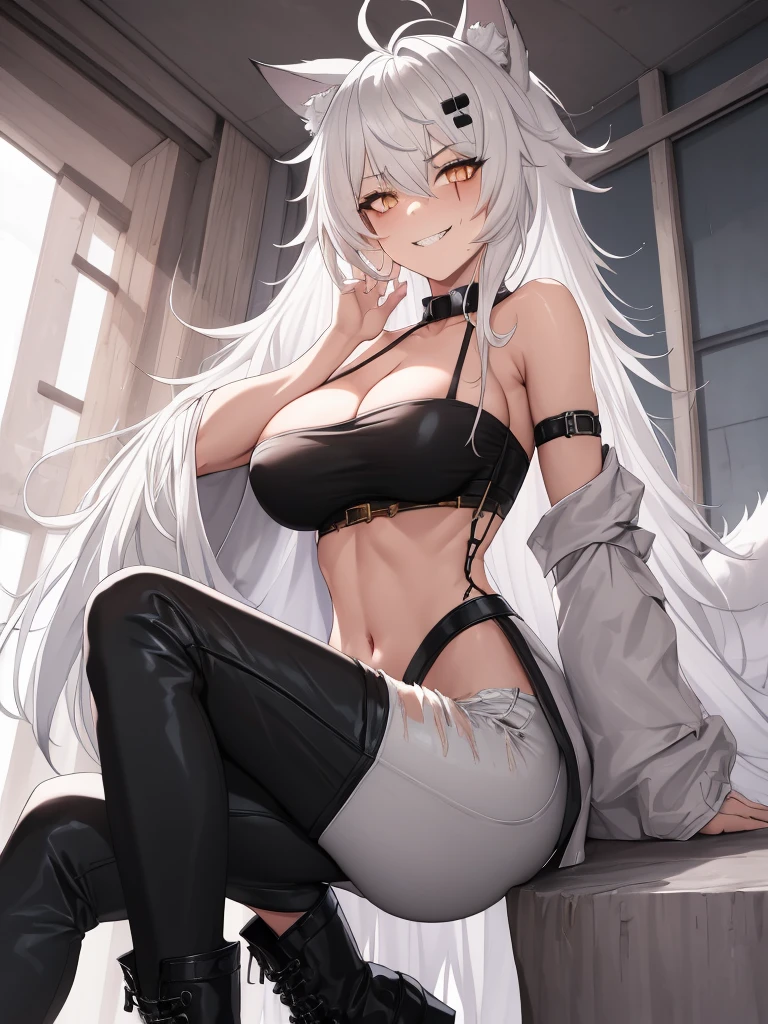 best quality, masterpiece, highres, solo character, solo, animal_ears, wolf_ears, long_hair, scar, bangs, scar_across_eye, hair_ornament, hairclip, scar_on_face, hair_between_eyes, grey_eyes, smile, grey_hair, white_hair, upper_body, Anime art, tall anime woman. muscular body, (((dirty white hair messy hair))), Amber Orange eyes, white loose Tube top, cleavage, exposed belly skin, (((black long skinny pants))), black combat boots, white tail and cat ears, ultra high detail face, ultra high detail eyes, evil grin expression. hands on hips pose, looking at viewer. mechanic workshop background. super high detail eyes, very detailed eyes.