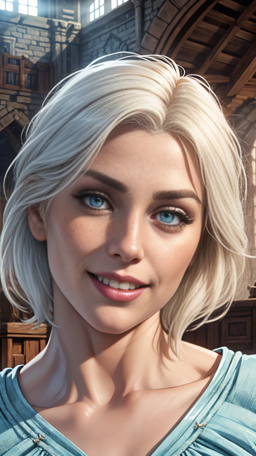 Ciri from the Witcher, ((flowing platinum blonde hairstyle)), ((light blue eyes)), face close up, facing camera, face portrait, morning light, ((castle interior)), wide joyous smile