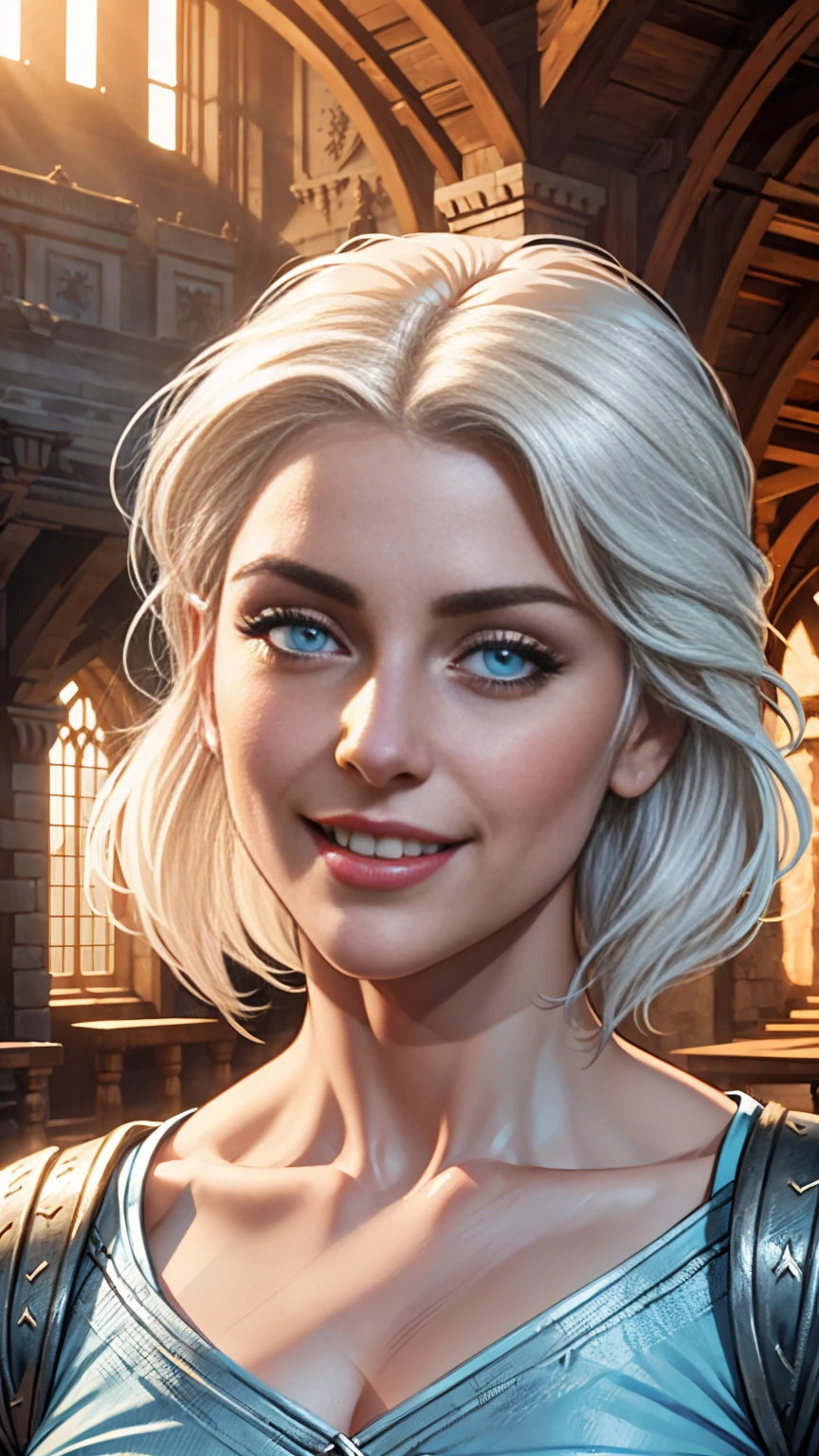 Ciri from the Witcher, ((flowing platinum blonde hairstyle)), ((light blue eyes)), face close up, facing camera, face portrait, morning light, ((castle interior)), wide joyous smile