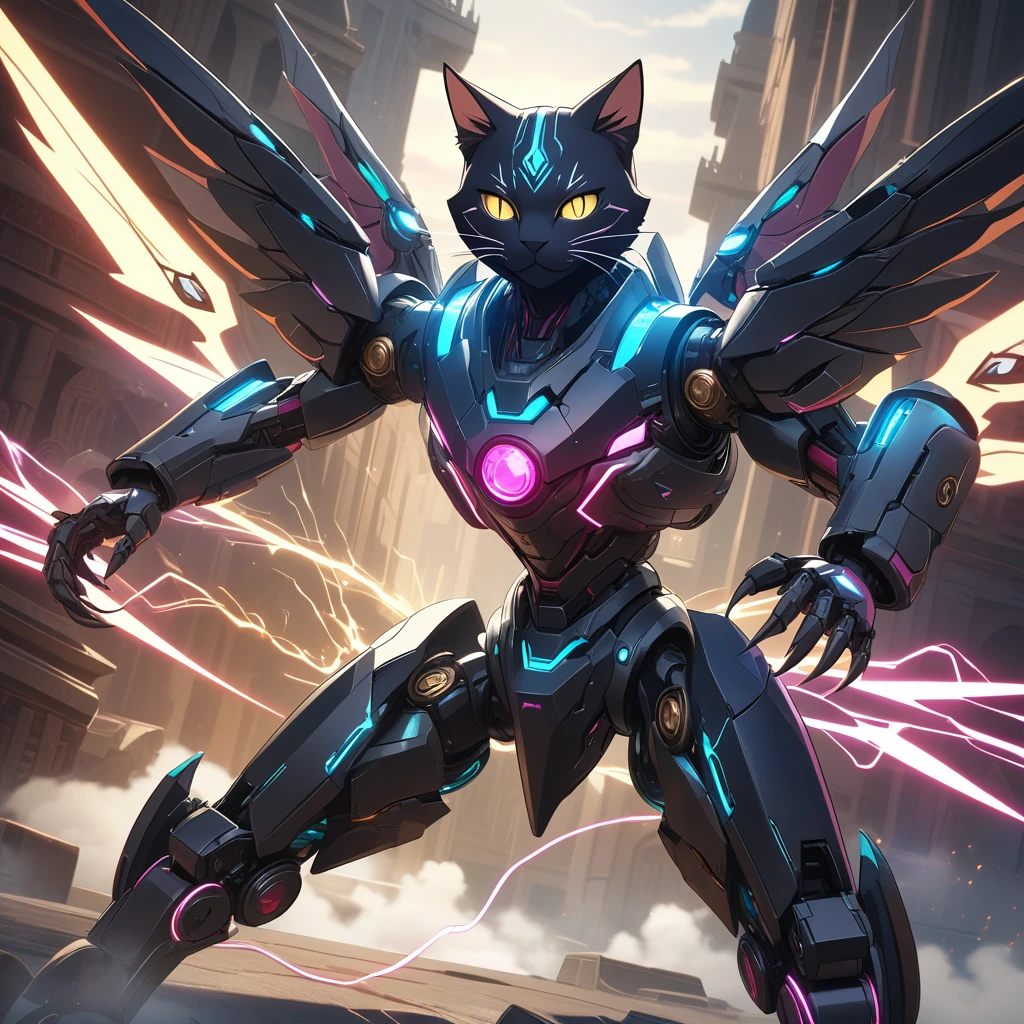Close-up, little (((1cat in attacking pose))), (elegant complex mechanical cat body), cat big robotic limbs, claws, intricate glowing robotic eyes, glowing conduits, gears, colorful (electrical energy), (jeweled powerful canons charged with swirling electricity:1.2), (menace expression, fearsome), looking at viewer, (sharp mechanical wings:1.1), sparkling, (Arabian urban environment:1.2), (intricate exotic architecture), gloomy, mist, dramatic lighting, masterpiece, best quality, very aesthetic, absurdes, safe, SFW