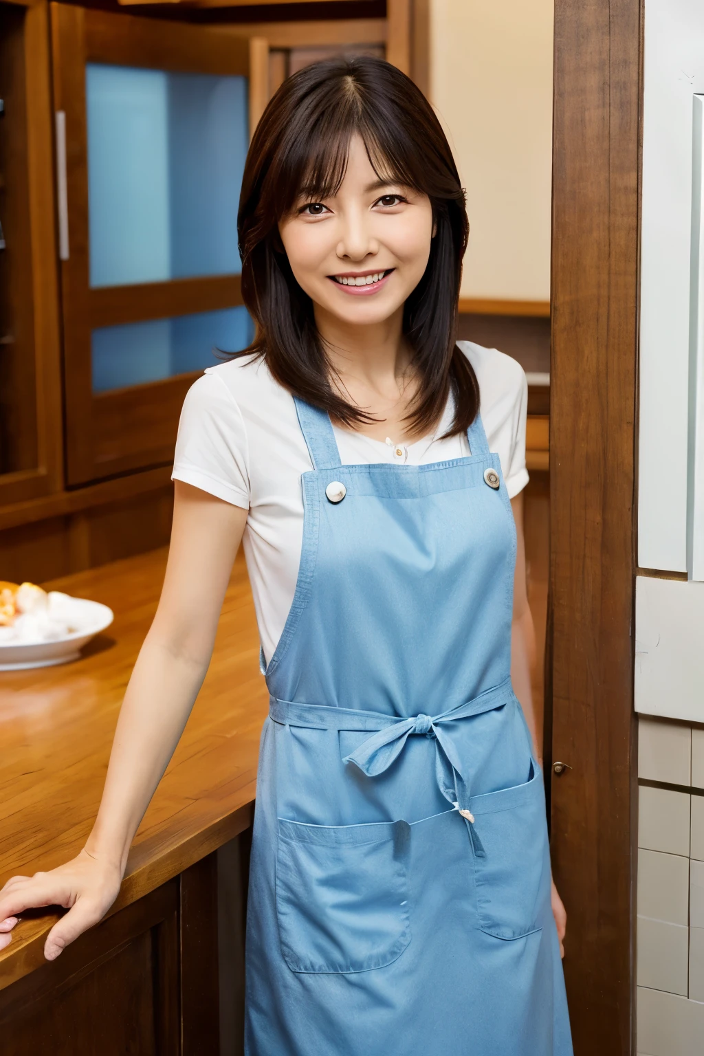 (masterpiece), high quality, high resolution, a skinny Japanese woman, 40 years old, naked but wearing only an apron, {short|long} hair, cute face, detailed face, detailed eyes, standing at the kitchen, photo from various angle