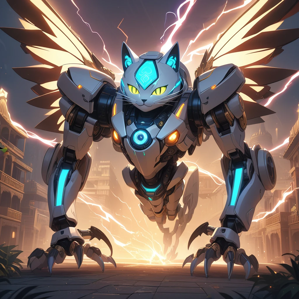Close-up, little (((1cat in attacking pose))), (elegant complex mechanical cat body), cat big robotic limbs, claws, intricate glowing robotic eyes, glowing conduits, gears, colorful (electrical energy), (jeweled powerful canons charged with swirling electricity:1.2), (menace expression, fearsome), looking at viewer, (sharp mechanical wings:1.1), sparkling, (Arabian urban environment:1.2), (intricate exotic architecture), gloomy, mist, dramatic lighting, masterpiece, best quality, very aesthetic, absurdes, safe, SFW
