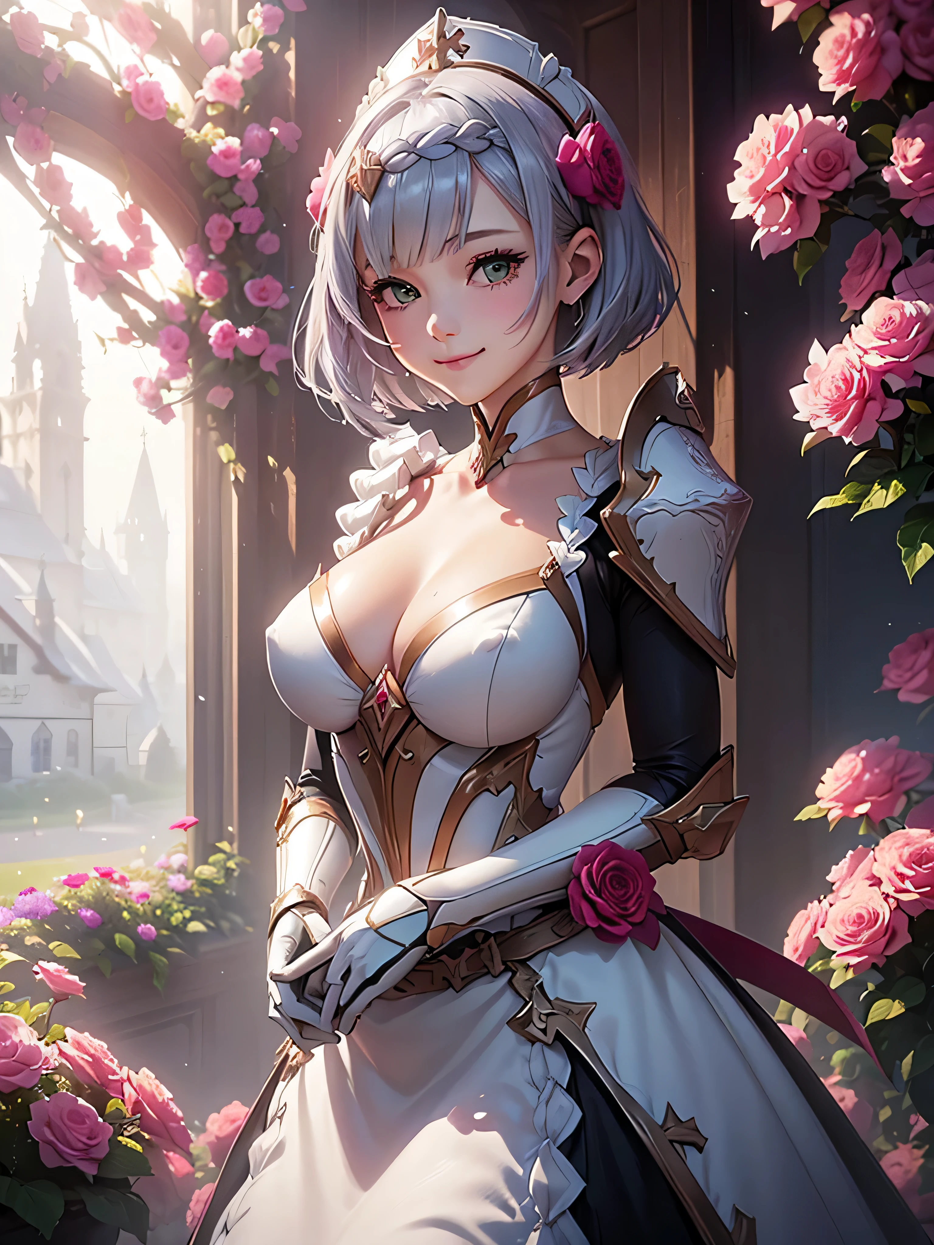 [noelledef]:1.5,((masterpiece,highest quality,Detailed images,Beautiful images))1.4(noelle images、smile、Bob Hair、church、Flower Field、The wind is blowing、Bright lighting overall、Backlight、A fantastic atmosphere、Thick Fog)1.1(Beautiful body lines、small beauty breasts、Beautiful cleavage) 8K

