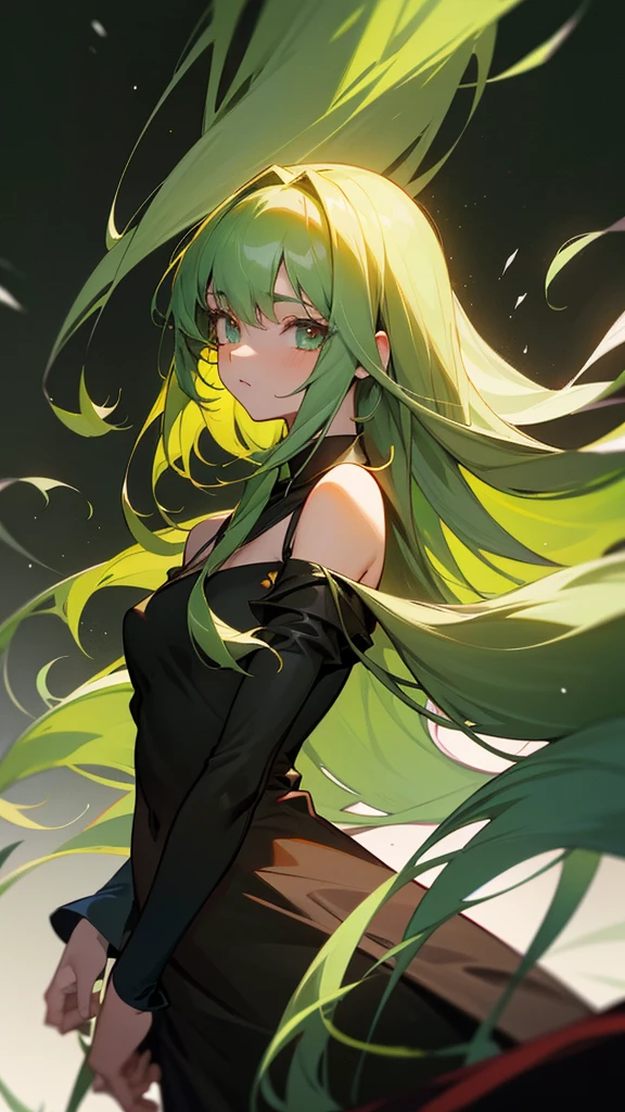character 2D. A 18-year-old girl, with very long green hair and bangs. with eyes slightly pinkish red. Wearing a slightly torn black dress. and a dark forest background. studio ufotable