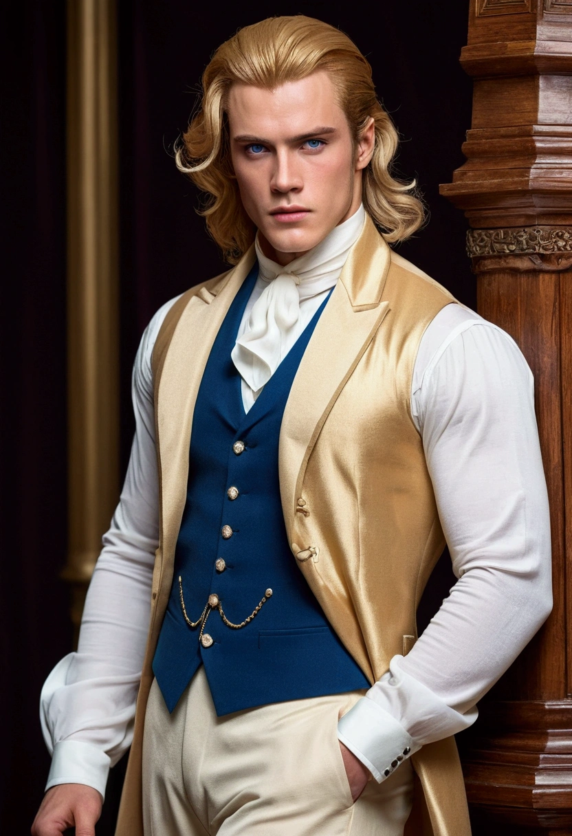 A 30 year old man. rey. dazzling and princely clothes Very tall and muscular,  and very very handsome. 195cm (Height). Golden blonde hair and blue eye color.. Bright and white skin. Victorian age