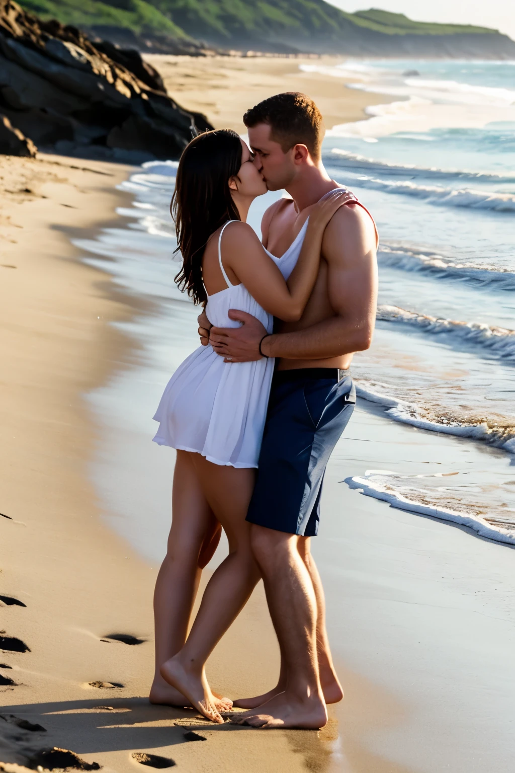 White Man walk on the beach with girlfriend kiss each other