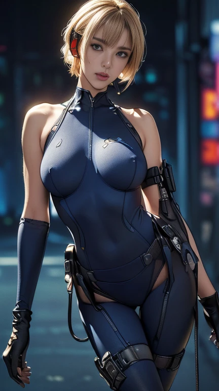 (A woman),(((A female member of the Future Force rides a motorcycle))),((Navy Blue Tactical High Leg Bodysuit:1.5)),((earphone:1.5)),((Tactical Holster:1.5)),(Gloves:1.5),(Serious:1.5),(Super short hair:1.5),(Blonde:1.5),(beautiful eyes:1.3),(Very detailedな顔:1.5),((Very detailed drawing of a female hand:1.5)),((muscular:1.5)),(Sexy appearance:1.5),((Thick thighs:1.5)),(Beautiful Body:1.5),((Very sensual:1.5)),(Background is hanger:1.5),(Cyberpunk atmosphere:1.5),(((Blurred background:1.5))),(Written border depth:1.5),rest(((masterpiece:1.5),(best quality:1.5),(Very detailed:1.5),(high resolution:1.5),(Practical:1.5),(Practical:1.5),(Delicate depiction),(carefully drawn))),8K,wallpaper