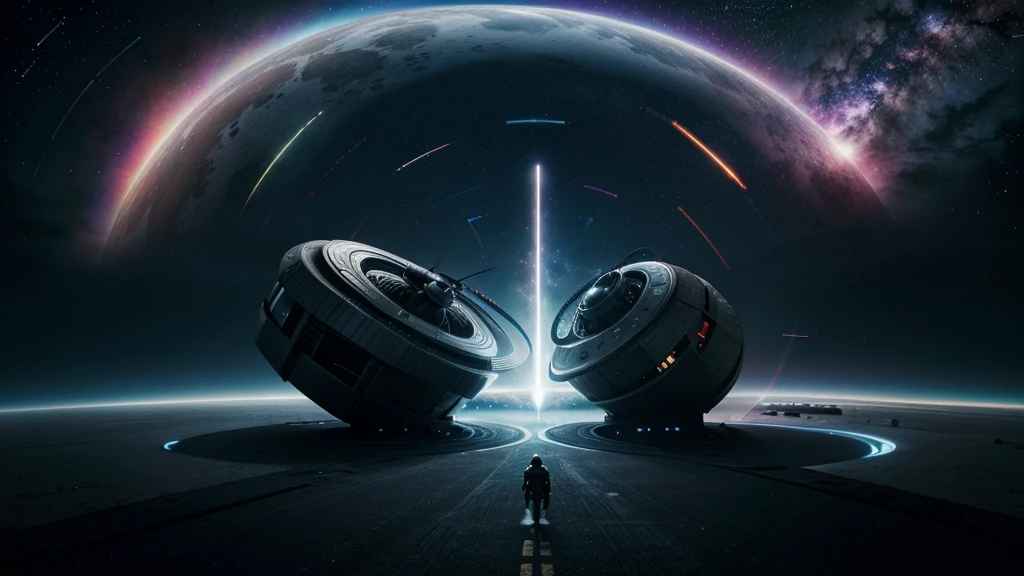 Sci-fi conceptual art, spiral Ying and Yang forces are core balancing factor of the world, wormhole, flying vehicle flying through, vivid colorful cosmos as background.
