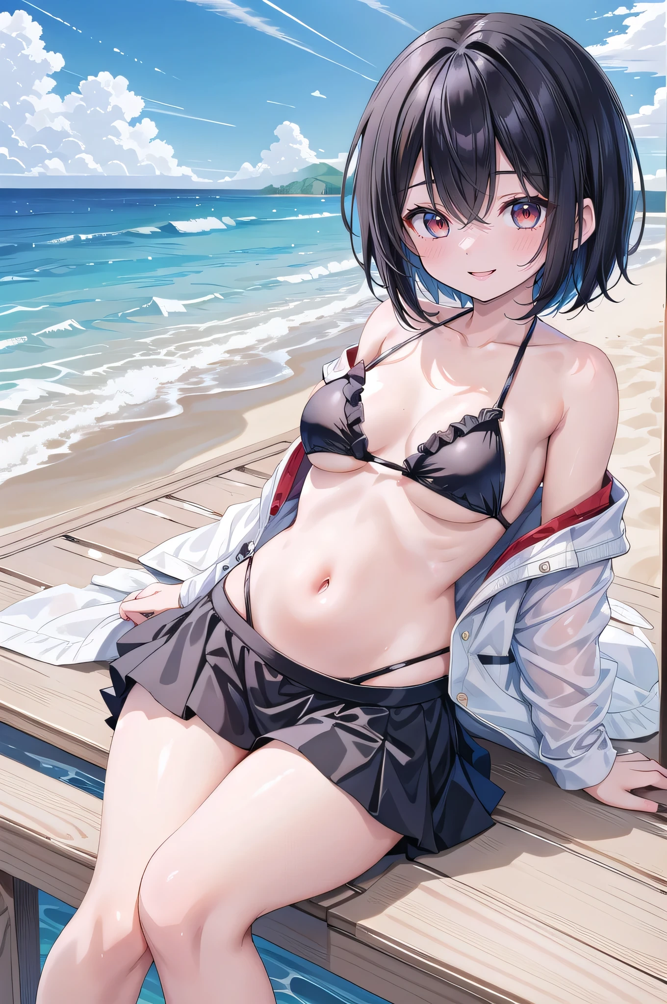 masterpiece,,girl,Black Hair,Red Eye,Short Bob Hair,Medium chest,Ruffled bikini,Empty-handed,Belly button,skirtch,smile,Cheerful,A seductive smile,High sexual desire