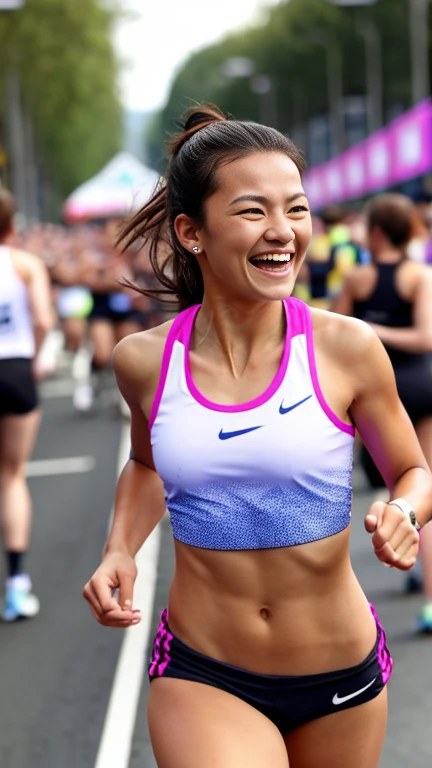 young woman, tearful but happy, modern era, running gear, marathon finish line, showing emotion, cheering crowd in the background, close-up, emotional style