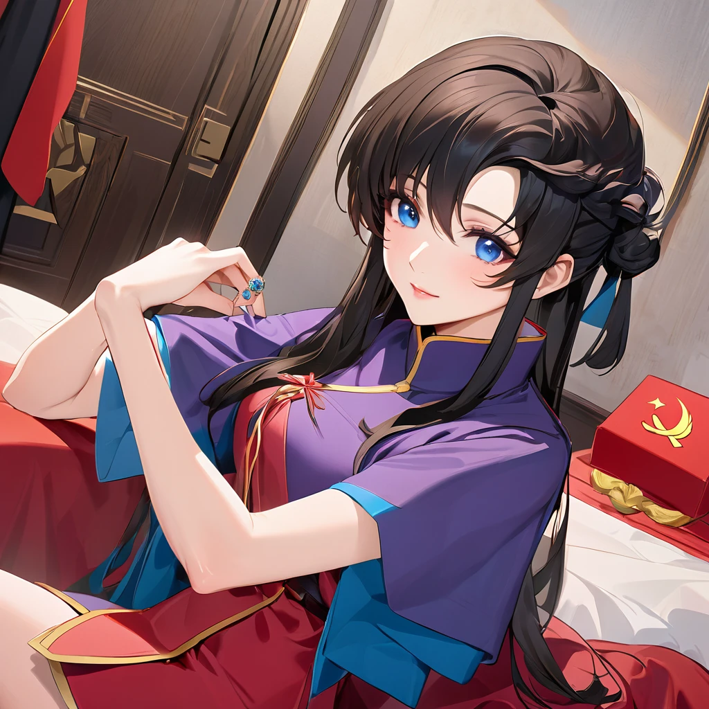 ((Highest quality)), ((masterpiece)), (detailed), （Perfect Face）、The woman is a Chinese Lacus Clyne with blue eyes and medium-long black hair. She is wearing an engagement ring. She has become a member of the glorious Chinese Communist Party and has sworn absolute loyalty to the Chinese Communist Party. She is a righteous Communist Party member of China.、The woman is dressed in the respectable khaki of the Chinese Communist Party.、For the sake of China, they dye their hair, hairstyle, clothes, and everything they wear belongs to the Chinese Communist Party, and their thoughts are also Chinese, becoming great Chinese in body and mind.、The woman became Lacus Clyne, a Chinese woman who was proud of and loved China.