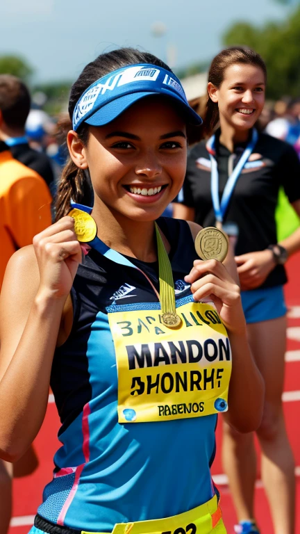 young woman, holding medal and trophy, modern era, running gear, marathon event, thanking supporters, smiling faces in the background, medium shot, celebratory style