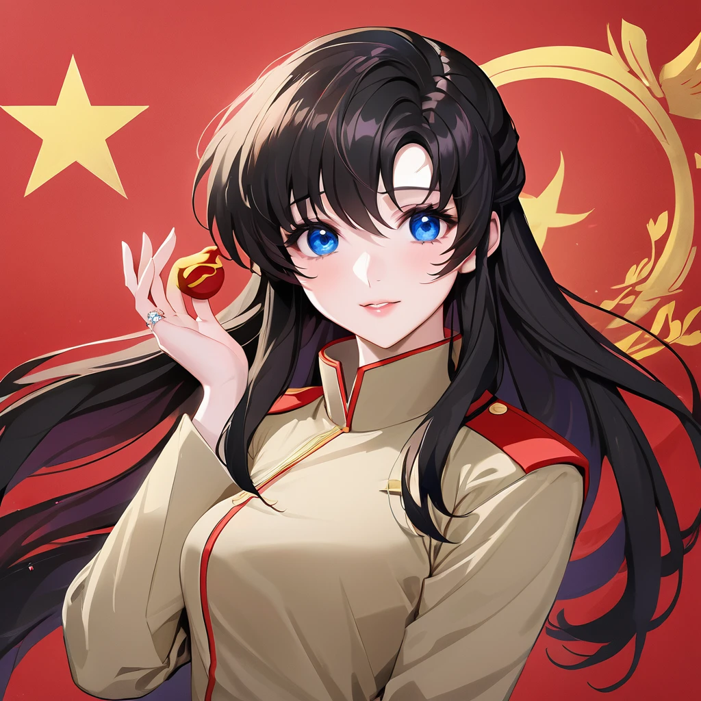 ((Highest quality)), ((masterpiece)), (detailed), （Perfect Face）、The woman is a Chinese Lacus Clyne with blue eyes and medium-long black hair. She is wearing an engagement ring. She has become a member of the glorious Chinese Communist Party and has sworn absolute loyalty to the Chinese Communist Party. She is a righteous Communist Party member of China.、The woman is a member of the Chinese Communist Party and is wearing a khaki Mao suit.、For the sake of China, they dye their hair, hairstyle, clothes, and everything they wear belongs to the Chinese Communist Party, and their thoughts are also Chinese, becoming great Chinese in body and mind.、The woman became Lacus Clyne, a Chinese woman who was proud of and loved China.