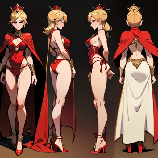 Dressed in Red and erotic bikini with black piping that simulates the game of poker with a golden crown and a queen's cape
in various views (front and back) (full body) ((Character sheet))