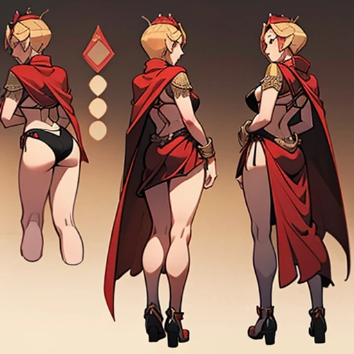 
 Dressed in Red and erotic bikini with black piping that simulates the game of poker with a golden crown and a queen's cape

in various views (front and back) (full body) ((Character sheet)) 
