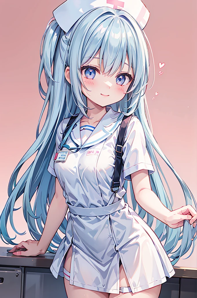 high resolution,smile,woman,woman1人,adult,cute, Light blue hair,BREAK, Light blue eyes,BREAK,
Nurse uniform,BREAK,Facing forward,BREAK,Pink background,
