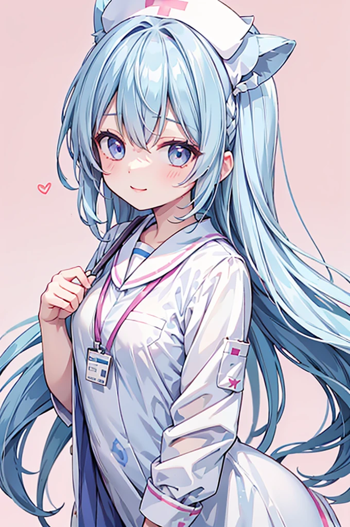 high resolution,smile,woman,woman1人,adult,cute, Light blue hair,BREAK, Light blue eyes,BREAK,
Nurse uniform,BREAK,Facing forward,BREAK,Pink background,